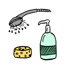 Bathroom accessories set, soap shampoo and sponge, shower
