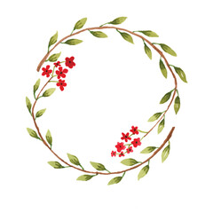 Green and red hand painted watercolor floral wreath