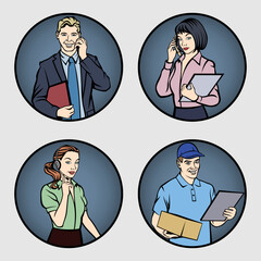 Set of women's and men's professions . Female and male characters in different roles. Office staff - head and secretary, receptionist and courier. Vector illustration