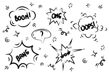 Hand drawn explosion, bomb element. Comic doodle sketch style. Explosion speech bubble with wow and oops, boom, omg or bang text.