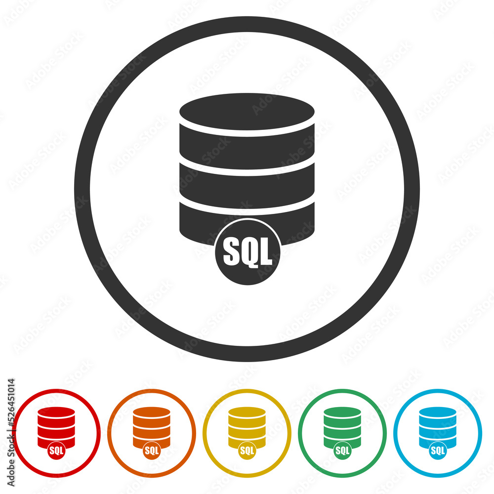 Poster sql server icon isolated on white background. set icons in color circle buttons