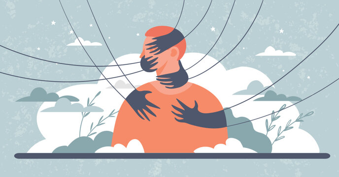 Conceptual illustration of childhood trauma, domestic violence, violation of personal boundaries, harassment. People s hands touch the man, strangle, hold the man. Psychology vector banner.