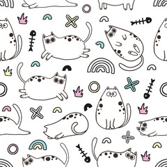 Cute Cartoon Cat Vector Icons, Seamless Pattern and Background