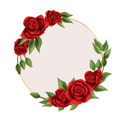 Wedding invitation delicate red roses on circle frame with empty space
