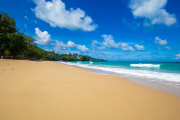 Exotic idyllic white sand sea wave beach blue sky with cloud