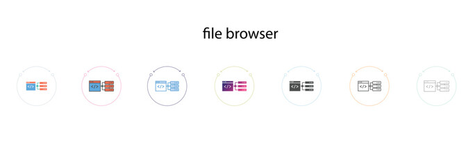 File browser icon in filled, thin line, outline, gradient and stroke style. Vector illustration of four colored and black browser vector icons designs can be used for mobile, ui, web