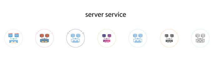 server service icon in filled, thin line, outline, gradient and stroke style. Vector illustration of four colored and black server service vector icons designs can be used for mobile, web