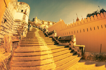 View of long staircase in Jain temple complex on top of Shatrunjaya hill. Palitana (Bhavnagar...