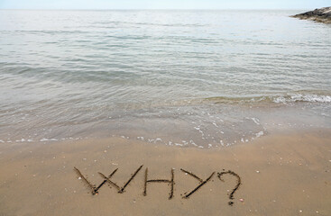 text why with question mark written in the sand by the sea