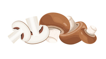 Brown champignons, whole and sliced mushrooms. Vector illustration isolated on white background