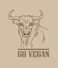 Poster with bull sketch portrait and text go vegan on beige background. Vector illustration