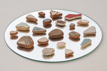 Set of multicolored sea pebbles isolated on a mirror. Variety of small colorful pebbles rounded by the sea. Art element for background and design