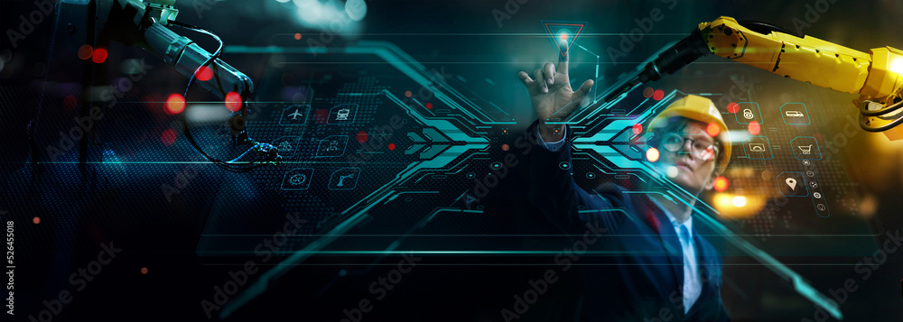 Aufkleber .Professional programer of Industry Engineer working with automation robotic arms on interface in intelligent factory industrial on real time monitoring system software. Digital logistics manufacture.