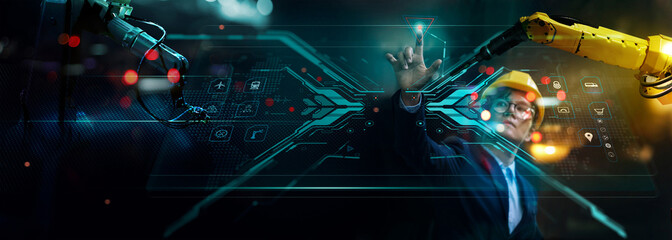 .Professional programer of Industry Engineer working with automation robotic arms on interface in intelligent factory industrial on real time monitoring system software. Digital logistics manufacture.