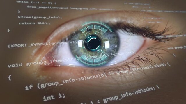  eye with program code. Futuristic. Technology. Green and blue. Eye close-up with computer data appearing. . High quality 4k footage