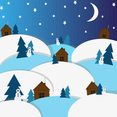 Winter landscape with rustic wooden houses, christmas tree, snowman, snowy hills, and stars with moon on night sky background. Vector illustration with picture evenings on the farm. 