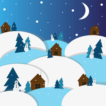 Winter landscape with rustic wooden houses, christmas tree, snowman, snowy hills, moon and snowflakes on night sky background. Vector illustration with picture evenings on the farm. 