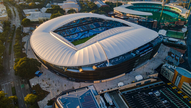 Aerial view of Sydney Football Stadium in Moore Park, Sydney NSW during the early morning on opening day Sunday, August 28, 2022  