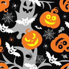 Obraz na płótnie Canvas Seamless vector pattern for Halloween design. Halloween symbols: pumpkin, bat, ghost, spider in cartoon style. Vector Illustration