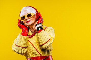 Cool and stylish senior old woman with fashionable clothes - Colorful portrait of funny happy...
