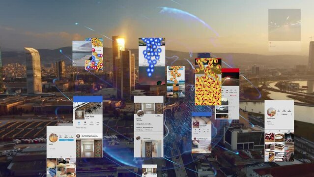 Futuristic city connected to social media. High tech vision of izmir. Augmented reality. . High quality 4k footage