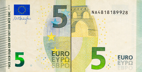 One five Euro bill. 5 euro banknote close-up. The euro is the official currency of 19 out of the 27 member states of the European Union - obrazy, fototapety, plakaty