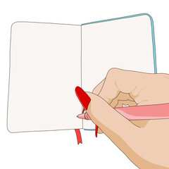 Close-up of a Businesswoman's hand Writing Goals and To-do List on a Blank Open Notebook Journal. Isolated Mockup Template with Copy Space on White Background