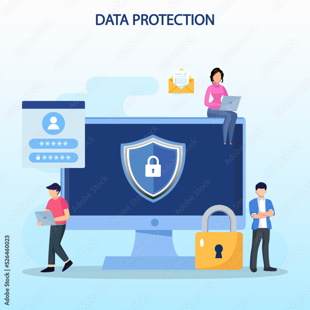 Poster data protection concept. data security and privacy and internet security flat vector illustration.