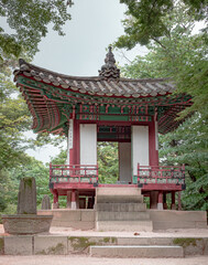 Fototapeta premium Colorful wood red traditional Korean architecture building pavilion in Changgyeonggung Palace in Seoul South Korea