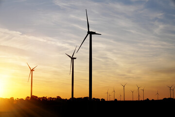 Beautiful sunset above the windmills on the field. renewable energy sources concept