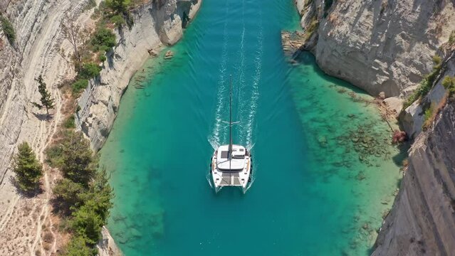 Yacht in Corinth Canal. Travel to Greece