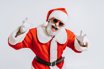 Santa Claus portrait, Christmas and new year's eve festive days concepts - December festive holidays, senior man with beard wearing Santa's costume