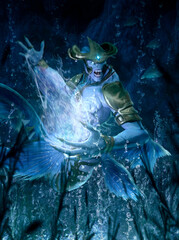 Horror fantasy character, a sea king in golden armor with large fins and sharp teeth casts water magic. A scary, merman with an open mouth hunts at the bottom of the deep ocean among fish and algae.