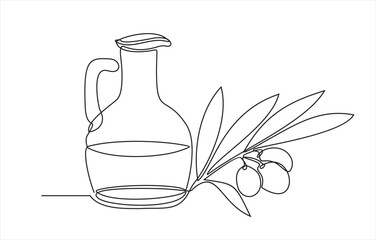 Linear vector icon of the bottle with olive oil and olive -Continuous one line drawing