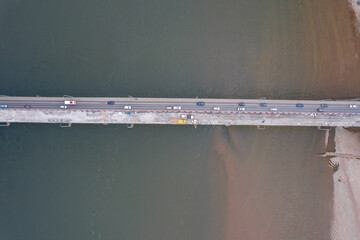 Modernization and repair of highway bridge aerial top view