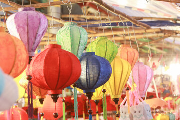 Fototapeta na wymiar Lanterns decorate the mid-autumn festival in Ho Chi Minh Lantern Street Luong Nhu Hoc