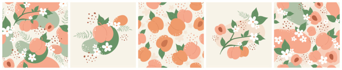 Peach fruit, leaf and flowers on botanical pattern set vector illustration. Abstract natural juicy apricot or nectarine products, sweet summer of fall harvest for market, floral seamless background