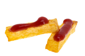 fried potatoes with ketchup isolated