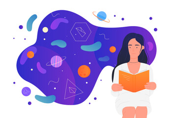 Science research and education. Cartoon woman reading open book with scientific publication or articles, symbols of knowledge flying over girl flat vector illustration. Literature, study concept