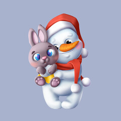 Snowman and cute little hare. Christmas illustrations for cards, labels, decorations.