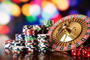 Casino. Roulette wheel, dice and poker chips on the bokeh background.