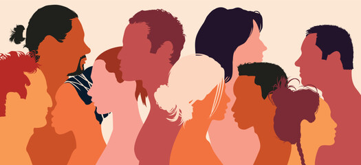 The concept of racial equality and anti-racism. Multicultural society. Flat cartoon profile of a diverse group of men and women. - obrazy, fototapety, plakaty