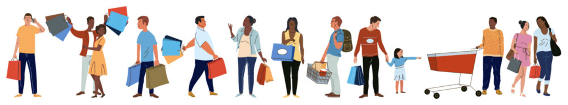 Shoppers people carry purchases from shopping mall and store, cart from supermarket set vector illustration. Cartoon young man and woman holding bags isolated white. Shop, lifestyle, retail concept