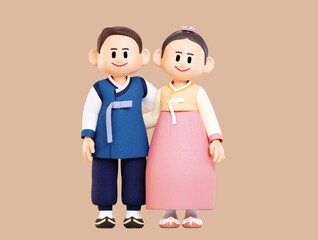 A boy and a girl in hanbok are putting their arms around each other's shoulders