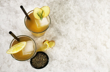Green Ice Tea  with Ginger Root on Ice isolated on white Background - Panorama