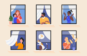 Obraz premium Good communication and friendship of neighbors. Cartoon different people stay home, young man and woman, kid and cat look from open windows of house flat vector illustration. Neighborhood concept