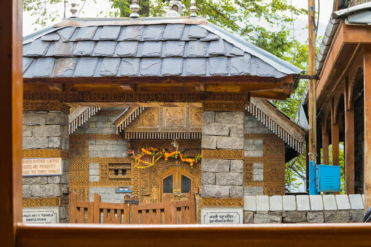 beautiful jagatipatt temple inside naggar castle, himachal pradesh. traditional himachali indian ancient temple. beautifully carved woods and stone symbolic to the architecture of himachal pradesh.