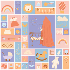Baby boho nursery set vector illustration. Cartoon cute room decor collection for newborn boys and girls in bohemian style, clothes and toys in square collage background. Bedroom interior concept