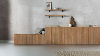 Minimalist japandi kitchen in white and beige tones. Wallpaper, wooden cabinets, shelves and bench. Concrete floor, wabi sabi interior design