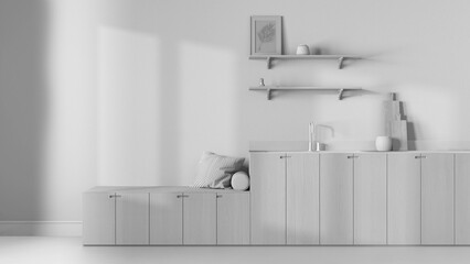 Total white project draft, trendy cozy kitchen. Wooden cabinets, shelves and bench. Concrete floor, japandi interior design